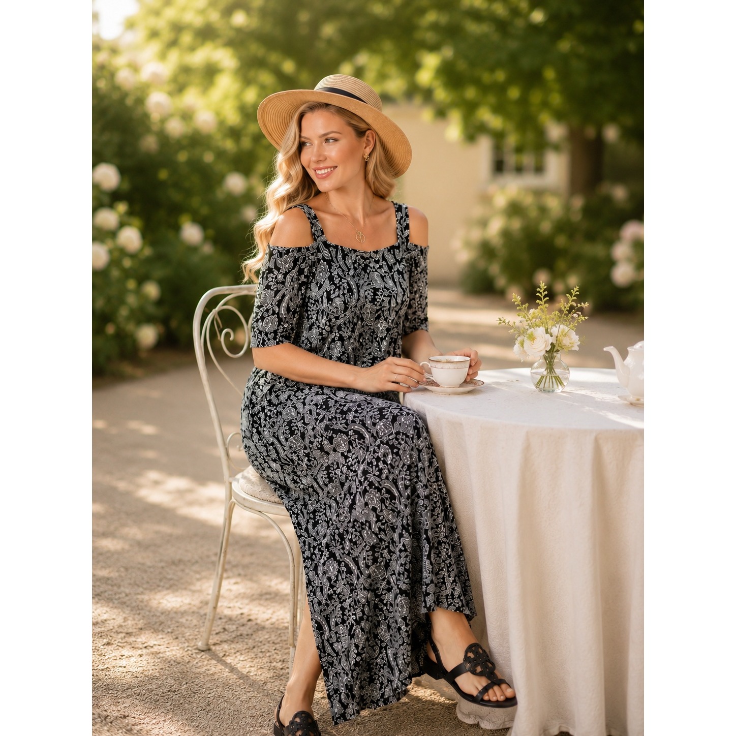 Roamans Womens Floral Maxi Dress 1x 22/24 Boho Flowy Brunch Summer Black